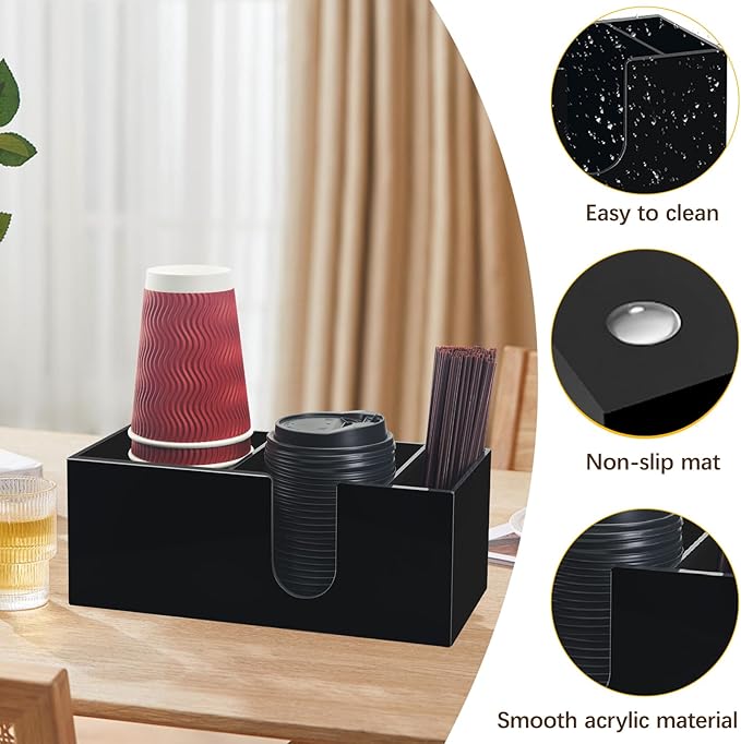 Coffee Bar Accessories and Organizer, Disposable Cup Holder for Countertop, Black Acrylic Storage and Organization for Cup Lid Stirrers Pod, Farmhouse Table Décor