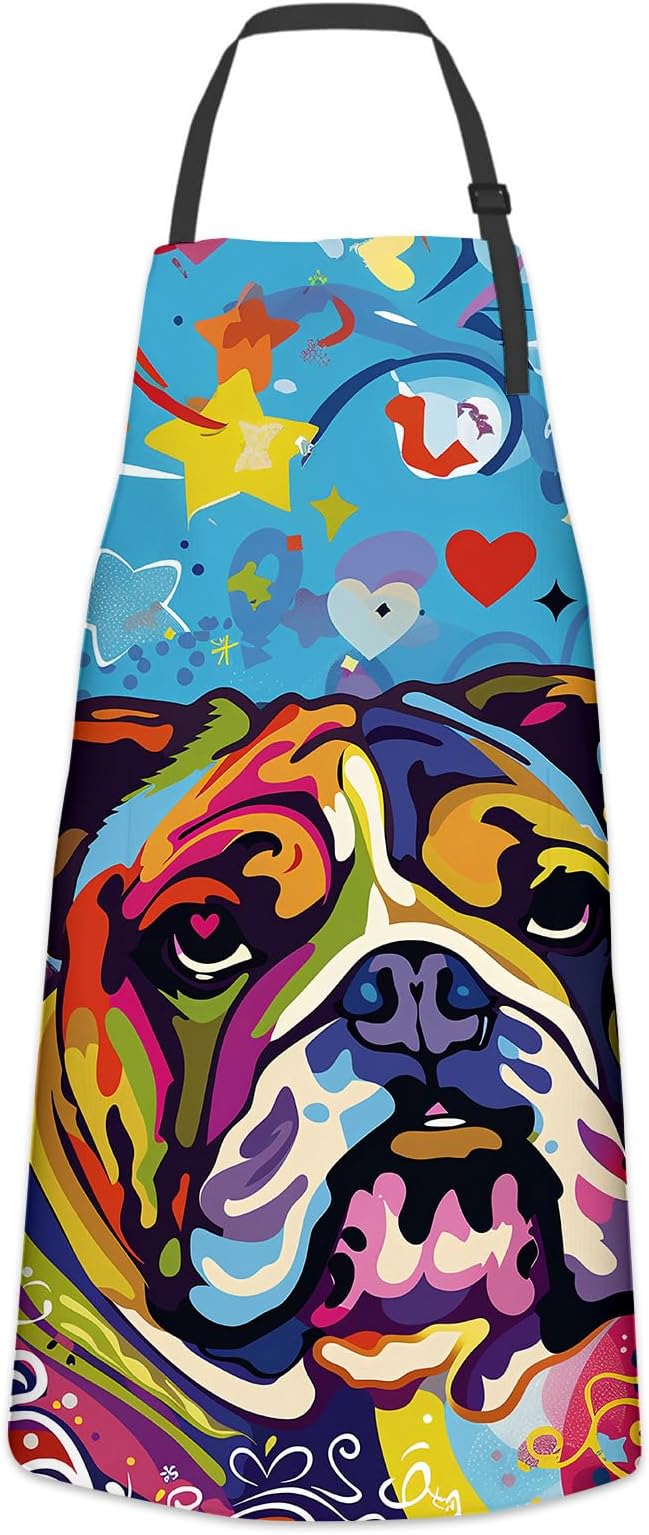 Funny Bulldog Apron for Women Men, Cooking BBQ Chef Polyester Lightweight Colorful Dog Aprons with Pockets for Baking Kitchen Gardening Cleaning, Adjustable Neck Strap, 28×33inch