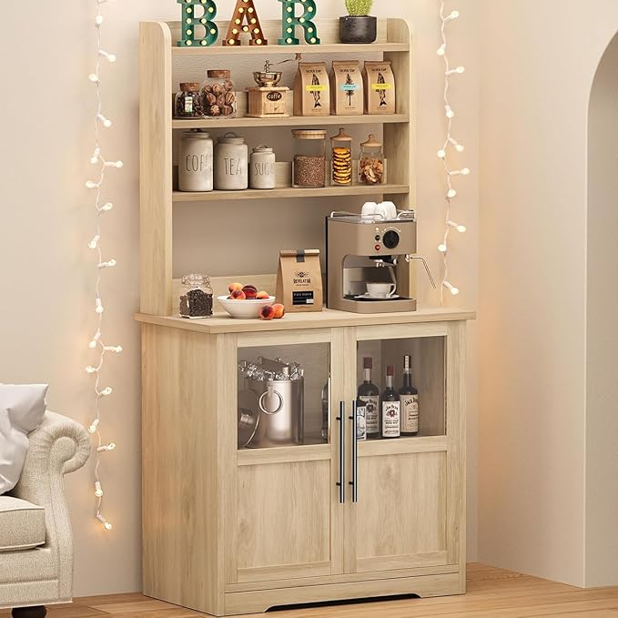 GAOMON Farmhouse Bakers Rack with Storage Cabinet and Power Outlets, Kitchen Pantry Organizer Hutch with Thickened Countertop, Microwave Stand with USB Ports, Multi-Shelf Storage, Wood