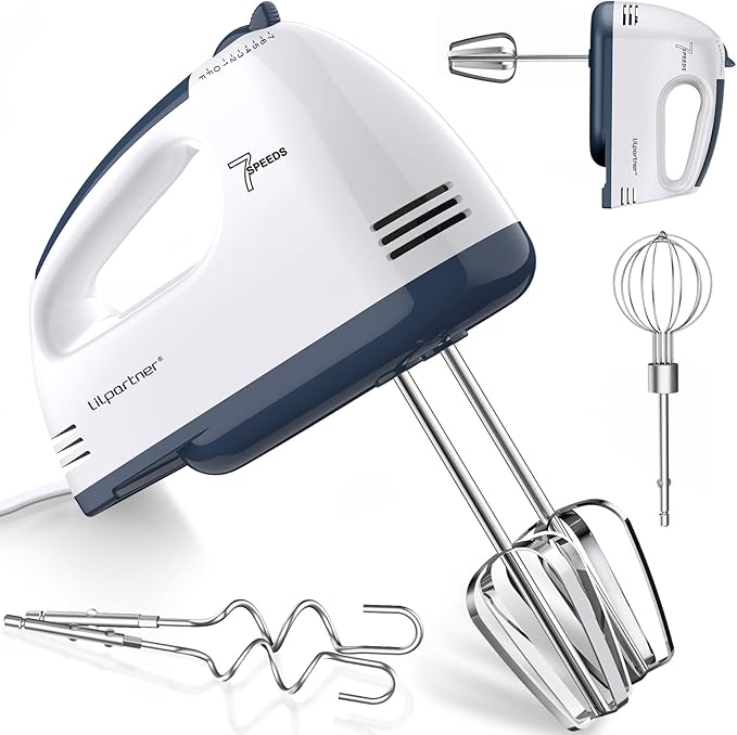 LILPARTNER Hand Mixer Electric, Small Food Mixer 7 Speeds Handheld Blender,304 *(1* Whisk, 2* Beater, 2*Dough Hook) Kitchen Blender for Cream, Cookies, Dishwasher Safe, White
