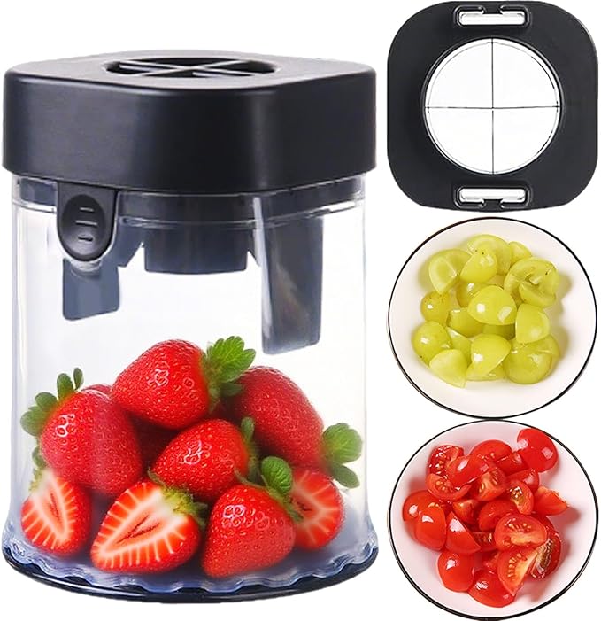 Strawberry Slicer, Fruit Cutter, Stainless Steel Egg Slicers, Fruit Slicer Cup, Grape Cutter, Banana with Cup Slicers, Kitchen Gadget for Fast Slicing (1-Pack-Black)