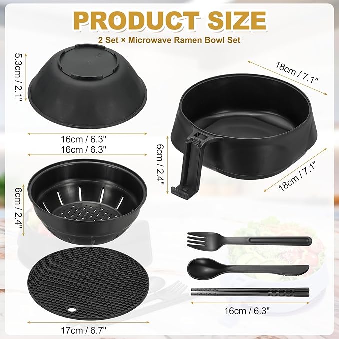 uxcell 2 Sets Microwave Ramen Bowl Set, Wheat Fiber Noodle Bowls Plastic Cooker with Lid Handle Fork Spoon Chopsticks for College Dorm Room Apartment, (Black)