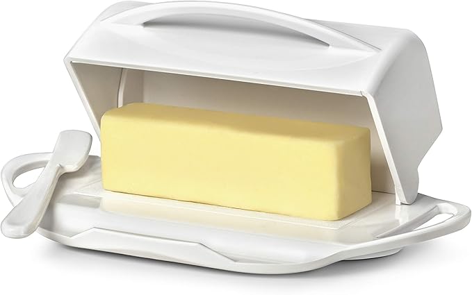 Butterie Flip-Top Butter Dish with Lid & Matching Knife, Holds 2 Sticks/European Butter, No-Mess Butter Holder, Shatterproof, Dishwasher Safe, White