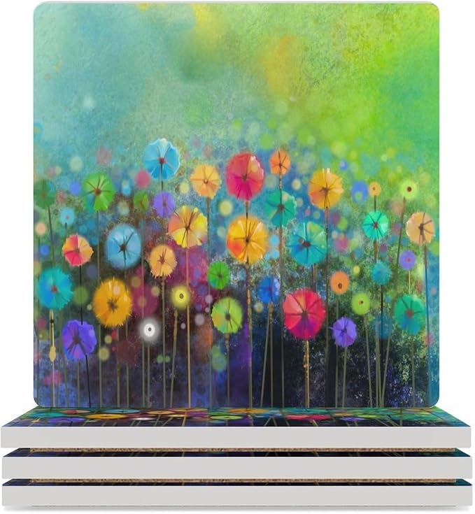 Square-4PCS Floral Drink Coasters, Square Modern Ceramic Absorbent Coasters, Watercolour Abstract Wildflower Nature Plant Colorful Floral Decor Desk Coffee Table Coaster for Beverage Cup Tea Coasters