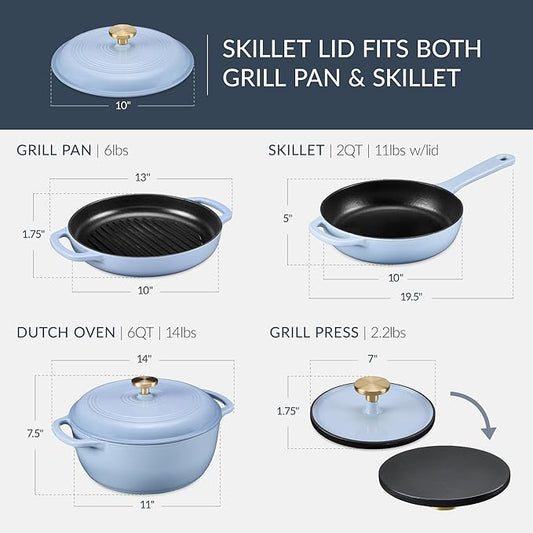 Best Choice Products Non-Stick Pot & Pan Cookware Set, Cast Iron, 2Qt Skillet W/Lid, 10" Grill Or Griddle Pan W/Press, 6Qt Enameled Dutch Oven, Non-toxic, For Cooking & Grilling - Cornflower