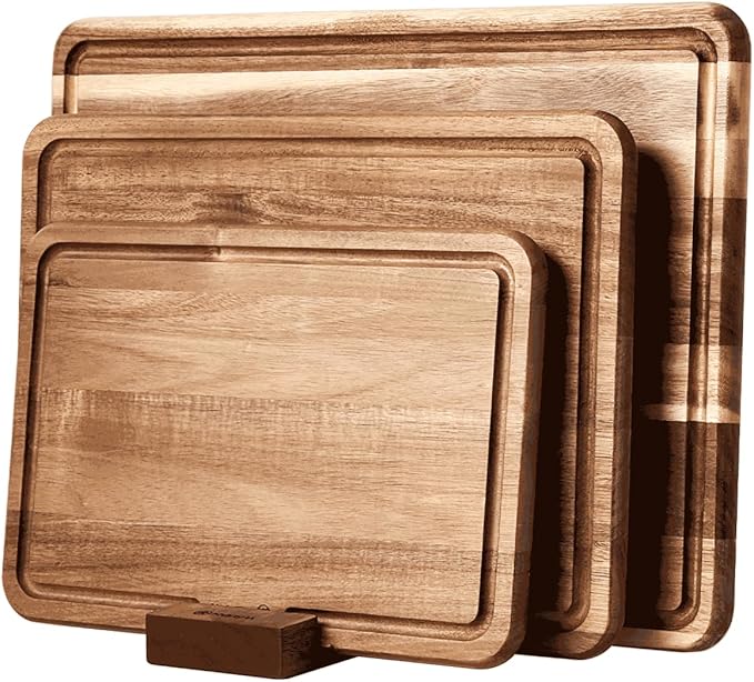 YUSOTAN Wood Cutting Board Set of 3 for Kitchen, Acacia Wooden Cutting Boards, Thick Chopping Board with Deep uice Groove Butcher Block, Wooden Trays for Meat, Fruit and Cheese