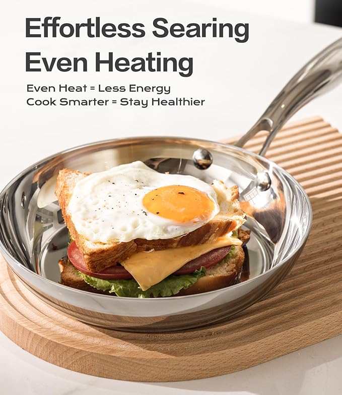 USELUCK Stainless Steel 8 Inch Frying Pan, Tri-ply Clad Base Non-toxic Skillets with Stainless Steel Lid, Fast and Even Heating Stay Cool Handles Induction Dishwasher & Oven Safe PFOA Free Cookware