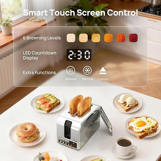 2 Slice Toaster, Consciot Smart Touchscreen Toaster with 6 Browning Levels, Reheat/Defrost/Cancel Functions, Extra-Wide Slots, Removable Crumb Tray, Auto Pop-up & Anti Jam, Peak 925W, Stainless Steel