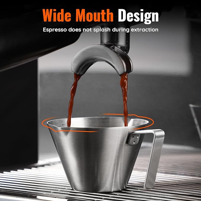YARRAMATE 10 Pcs Stainless Steel Espresso Cups with Handle, Double Spout Metal Measuring Cup with Dual Scale, Espresso Shot cup with V-Shaped Mouth, 3.4OZ/100ML(Silver)