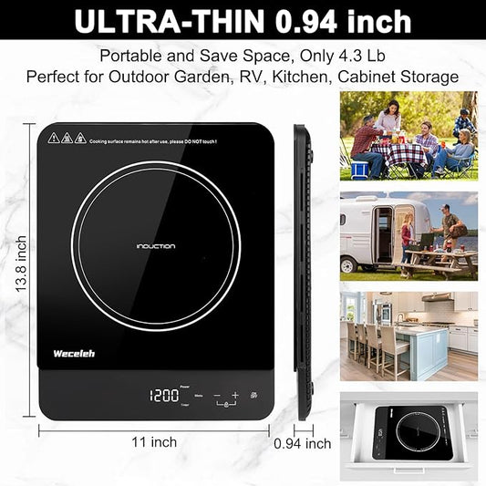 Portable Induction Cooktop Ultra-Thin, Single Burner Induction cooktop, 11 Power Levels, 3h Timer & Child Safety Lock, Low Noise, for Kitchen RV Apartment Countertop, 110-120V, black