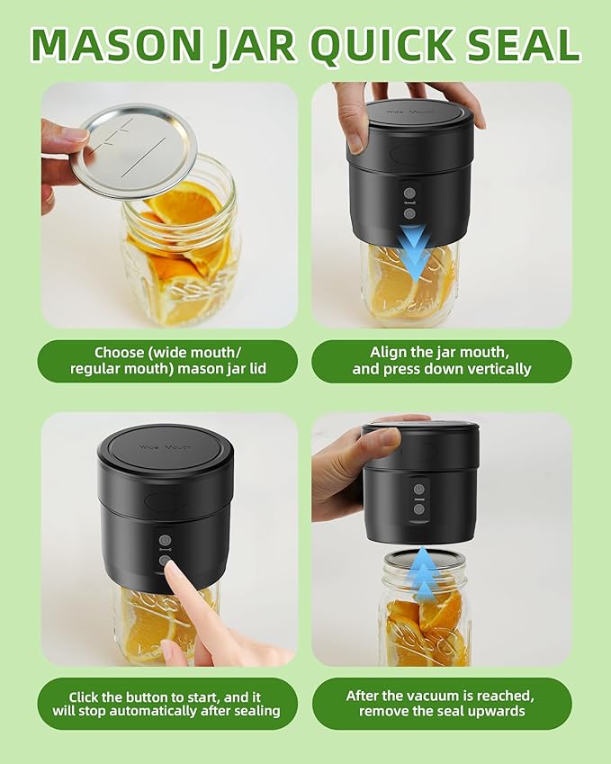 Mason Jar Vacuum Sealer Kit, Electric Mason Jar Vacuum Sealer Kit, Jar Vacuum Sealer for Mason Jars, Double Cordless Automatic Vacuum Sealer, with Wide & Regular Mouth Mason Lids for Food Storage
