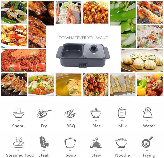 Electric Grill Hot Pot 2 in 1,Mini Electric Hot Pot BBQ Grill Kitchen Smokeless Shabu Cooking Pan 1200W,Multifunctional Grill Pan Indoor for Korean BBQ, Steaks, Shabu Shabu and Noodles (Black)