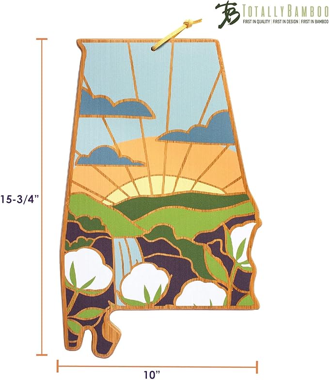 Totally Bamboo Alabama State Shaped Cutting Board and Charcuterie Serving Platter with Artwork by Summer Stokes, Includes Hang Tie for Wall Display 10" x 15-3/4" x 5/8"