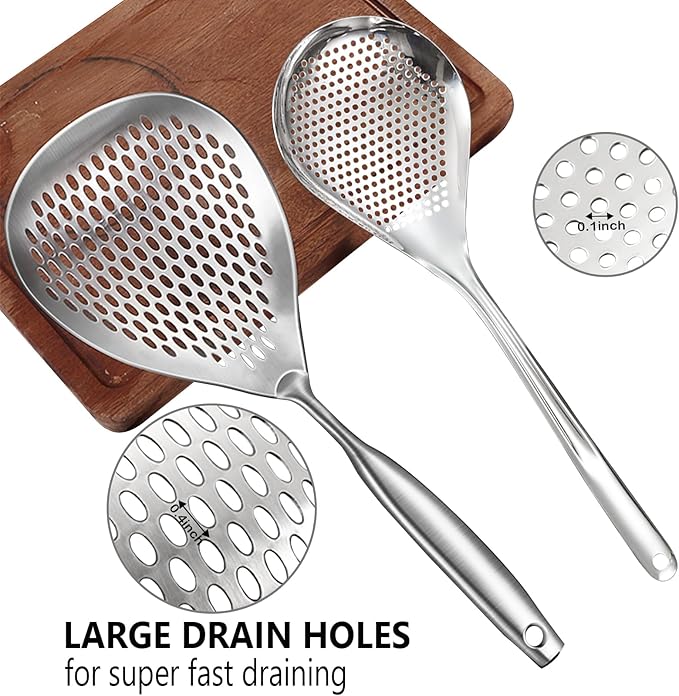 KAYCROWN Skimmer Slotted Spoon, 2 Pack Stainless Steel Pasta Spider Strainer Ladle for Frying and Cooking, Frying Strainer Spoon, Kitchen Cooking Skimmer Colander