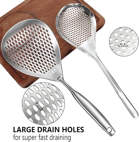 KAYCROWN Skimmer Slotted Spoon, 2 Pack Stainless Steel Pasta Spider Strainer Ladle for Frying and Cooking, Frying Strainer Spoon, Kitchen Cooking Skimmer Colander