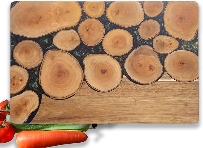 LILKUISYN Acacia Wood Cutting Board With Colorful Black Resin Galactic Cosmos & Wood Stumps Unquie Design for Kitchen Meal Prep Serving Tray Cheese & Charcuterie Board for Meat Vegetable Gift 15*10‘’