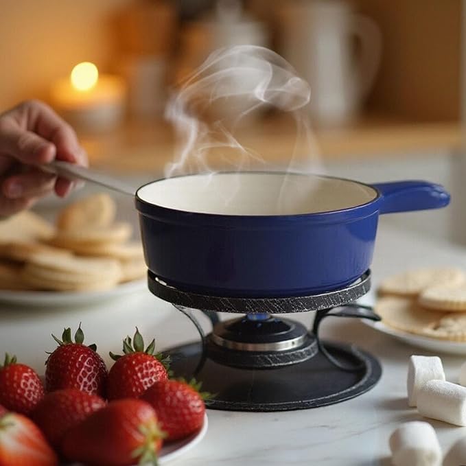 Artestia Cast Iron Fondue Pot Set for Cheese & Chocolate, Fondue Set for 6 with Burner & 6 Forks, Swiss Fondue Pot for Party, Family & Gift, Blue