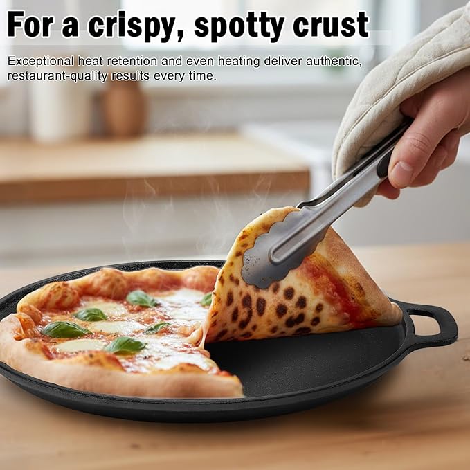 Gymdin 13.8 Inch Cast Iron Pizza Pan - Round Comal for Even Heating - Works on Oven, Grill & Campfire, Heavy-Duty Cast Iron Pizza Stone with Dual Handles