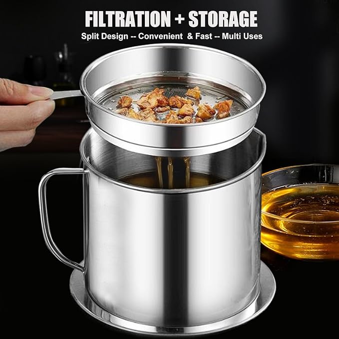 Bacon Grease Container With Removable Strainer Snug Lid Coaster Tray Stainless Steel Oil Container with Handle for frying oil bacon drippings Cooking Grease 1.3L(46 fl. oz.) (Style C)