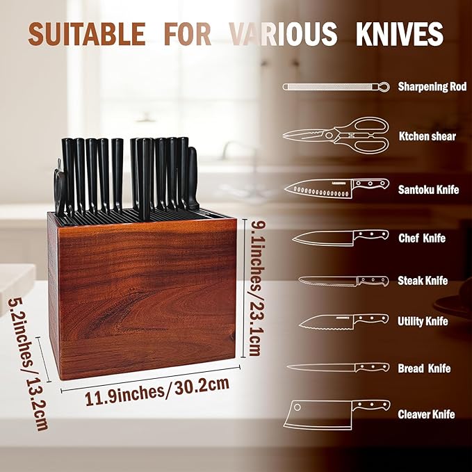 XXL Detachable Universal Knife Block for 28+ Knives, Acacia Wood Holder with Unique Easy-Clean Slots, Hygienic Countertop Storage, Dual Slots for Scissors & Sharpening Rod