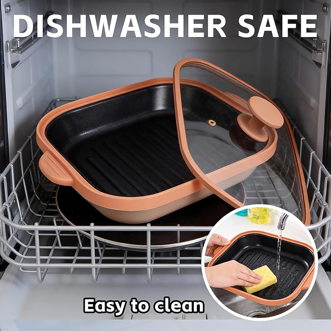 Microwave Grill Pan With Cover, Microwave Bacon Cooker, Portable Microwave Cookware For Grill Meat, Sandwich & Vegetable Dishwasher Safe (Square-Beige-Glass Lid)