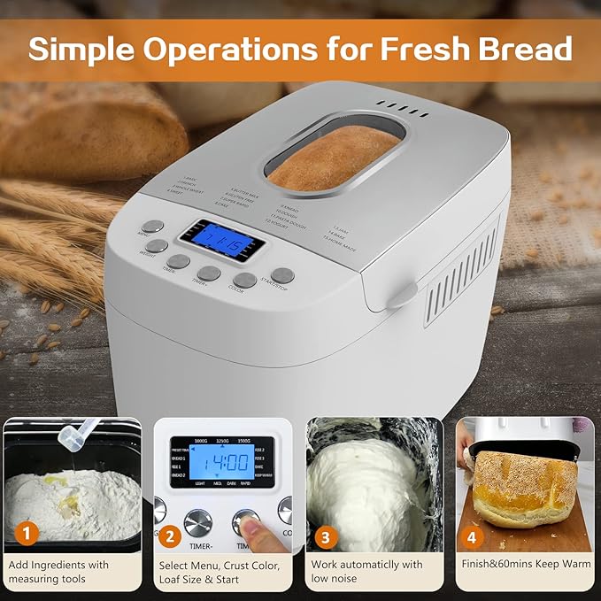 Davivy 3.3LB Bread Maker – 15-in-1 Automatic Bread Machine with Silicone Baking Gloves, Dual Kneading Paddles, Nonstick Pan, 15-Hour Delay Timer, 3 Loaf Sizes & 3 Crust, Nut Add-In Reminder