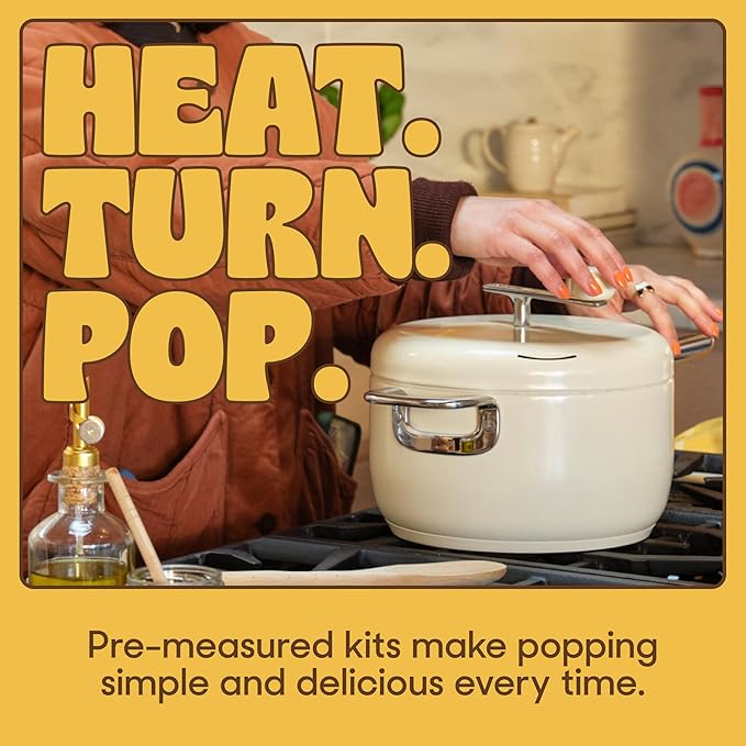 Popsmith Starter Bundle in Butter - 6 Quart Stovetop Popcorn Machine with 10 Movie Theater Buttery Popcorn Kits - Stainless Steel Popcorn Maker Compatible with All Stovetops