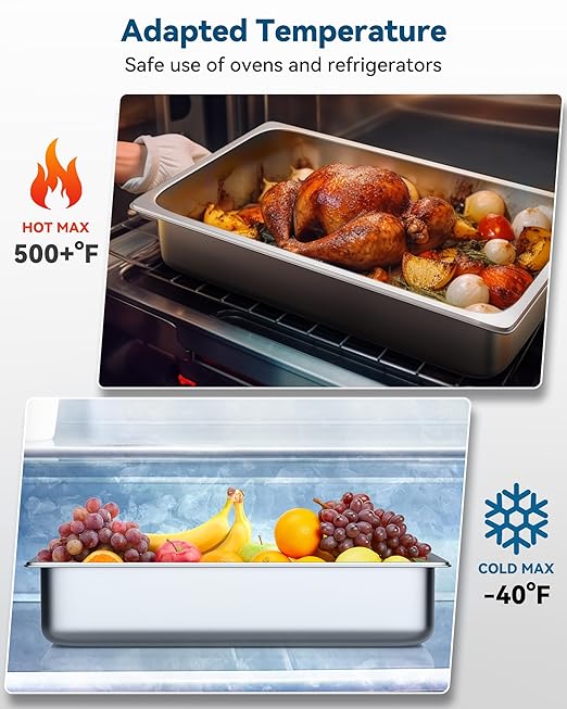 ZeroPone 6 Pack Hotel Pans, Full Size 6" Deep Stainless Steel Steam Table Pan, 20.8" L x 12.8" W 22 Gauge Metal Commercial Catering Food Pans Anti Jam Food Storage Containers