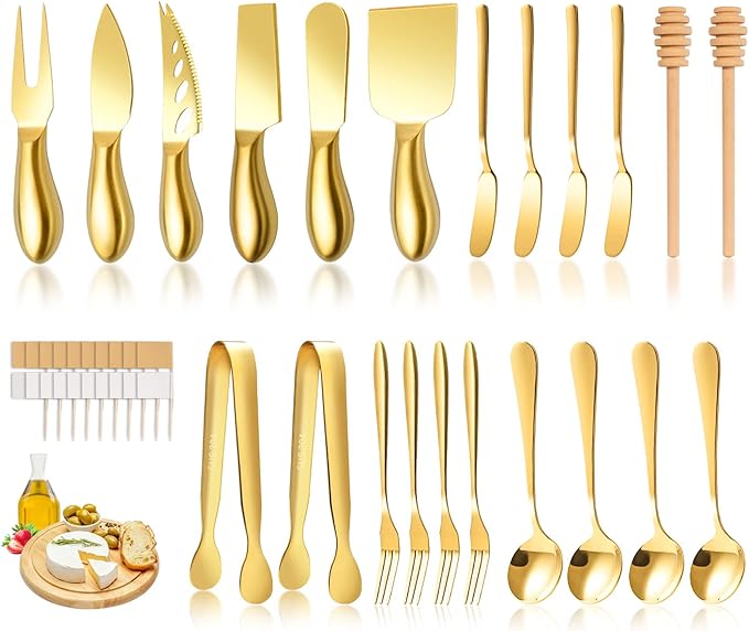 Gold Cheese Knife Set For Charcuterie Board Accessories, Stainless Steel Cheese Slicer And Butter Spreader knives Kit With Serving Tongs, Spoons, Forks, Flags Cheese Markers, Honey Dipper