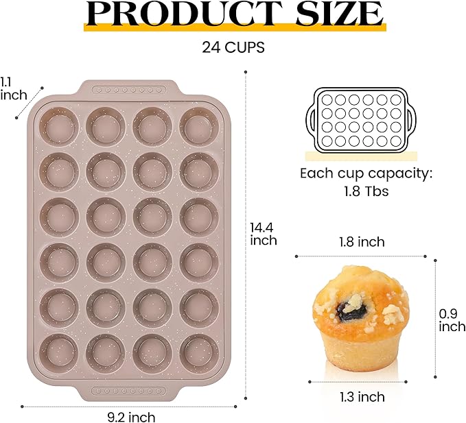 AOTASO 1 Pc Silicone Muffin Pans for Baking with Metal Reinforced Frame, Nonstick Cupcake Tray for Oven, 24 Cups Mini Size Silicone Molds for Egg Bites, Dishwasher Safe (Brown)
