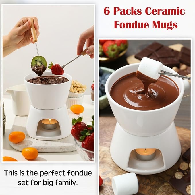 Mudder 6 Pieces Fondue Mug Ceramic Pot and 24 Pieces Forks Set for Melting Chocolate, Cheese, Broth or Tapas on Valentine's Day Gift(White)