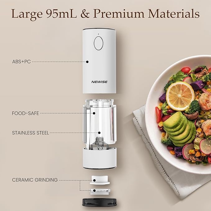 Electric Salt and Pepper Grinder Set, Adjustable Coarseness & LED Light, Rechargeable Large Capacity Stainless Steel Mill, Valentines Day Cooking Gifts for Him Men- Black/White