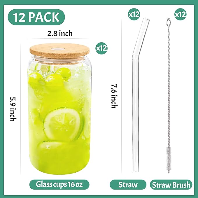 Joyclub 12 Set Glass Cups with Bamboo Lids and Glass Straws 16oz Can Shaped Reusable Clear Iced Coffee Glasses Bulk Set Drinking Jars wholesale for Party Weddings Cafes Boba Shops Gifts DIY