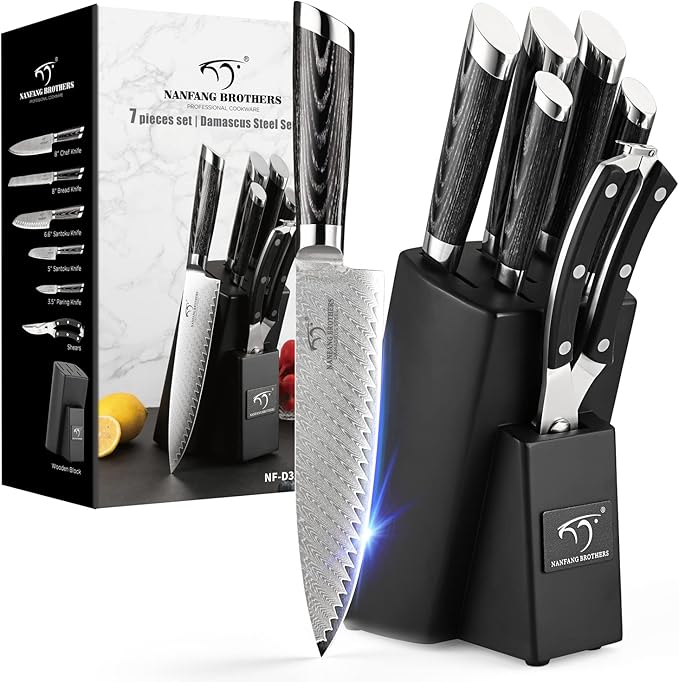 NANFANG BROTHERS Damascus Knife Set, 7 Pieces Kitchen Knife with Block, ABS Ergonomic Handle for Chef Knife Set, Kitchen Shears, Knife Block Set