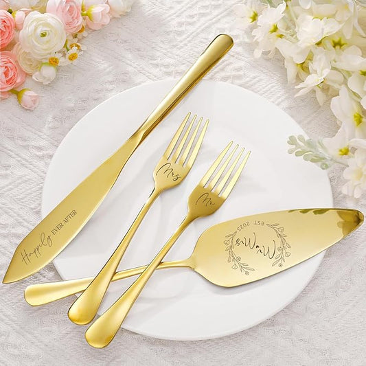 Wedding Cake Knife and Server Set, 4 Pack Stainless Steel Cake Cutting Knife, Slicer and Forks Server for Wedding, Anniversary, Birthday, Baby Shower(Gold)
