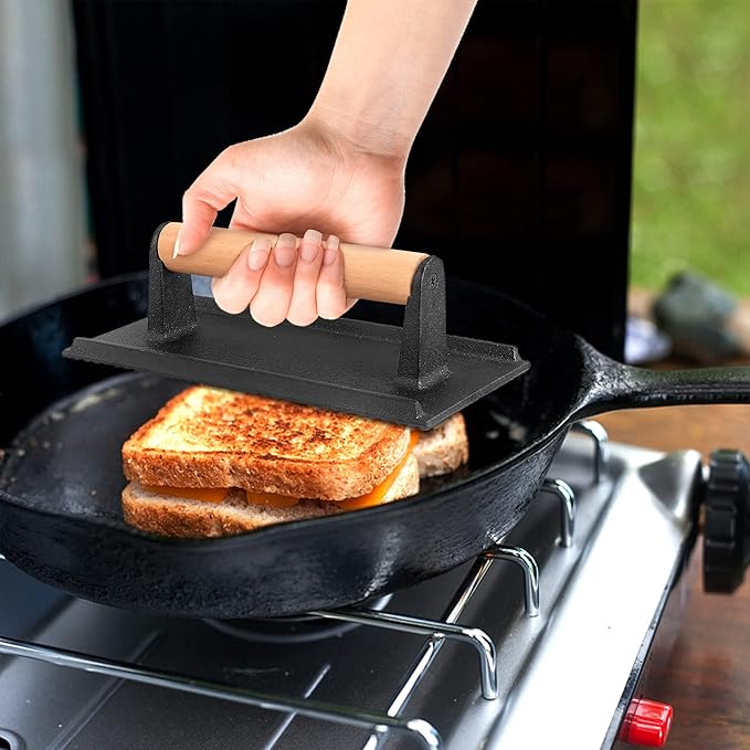 Smash Burger Press, Leonyo Cast Iron Burger Press, Heavy-Duty Hamburger Smasher Tool Griddle Accessories Kit for Cooking Bacon Steak Sandwich, Outdoor BBQ Grill - Rectangle (8.2"X4.3")