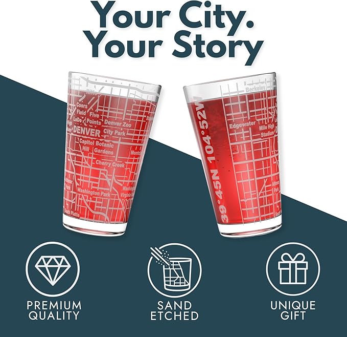 Greenline Goods – Denver, CO Map Pint Beer Glasses (Set of 2), 16 oz – Etched Wrap Design