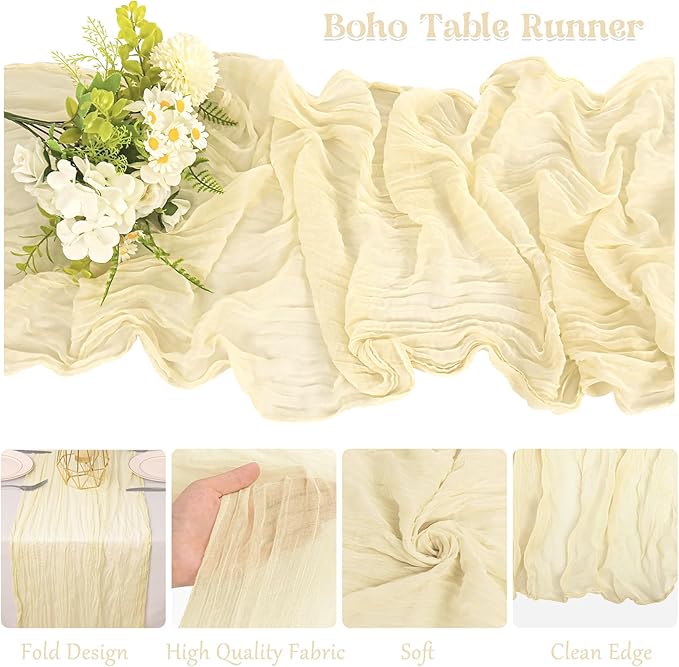 10 Pack Beige Cheesecloth Table Runner 10FT Boho Gauze Fabric Table Runner Vintage Rustic Sheer Runners for Wedding Party Bridal Baby Shower Long Table Decorations