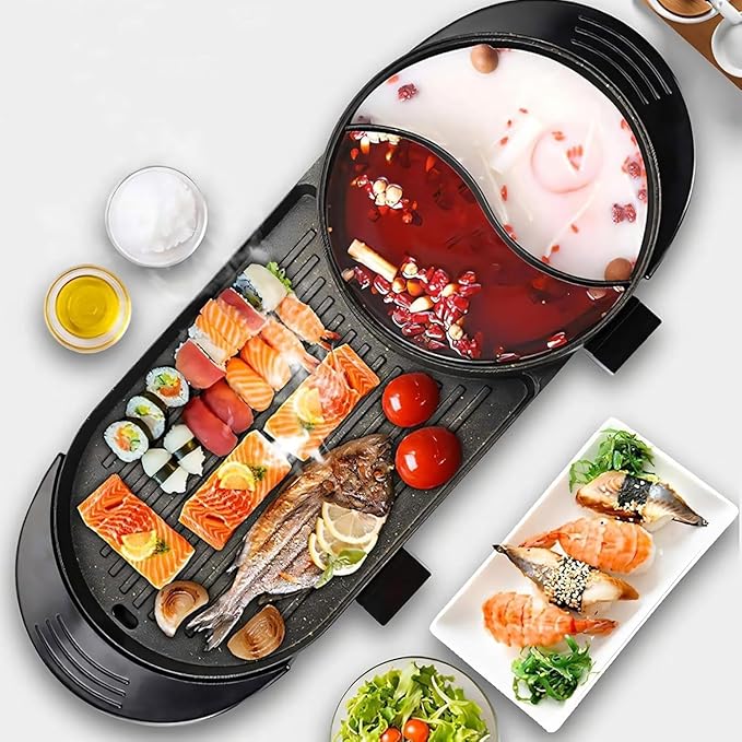 Hot Pot Electric with Grill 2 in 1 Indoor Non-Stick Shabu Pot and Frying Pan Portable with Grill Dual Temperature Control Fast Heating for BBQ, Steaks (Large-Black)