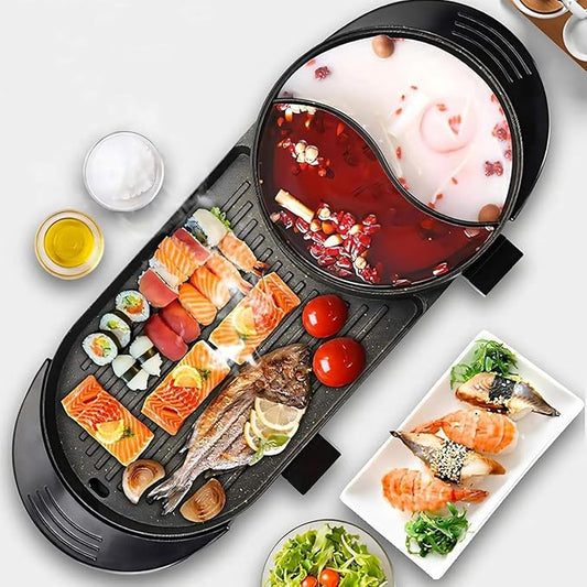 Hot Pot Electric with Grill 2 in 1 Indoor Non-Stick Shabu Pot and Frying Pan Portable with Grill Dual Temperature Control Fast Heating for BBQ, Steaks (Large-Black)