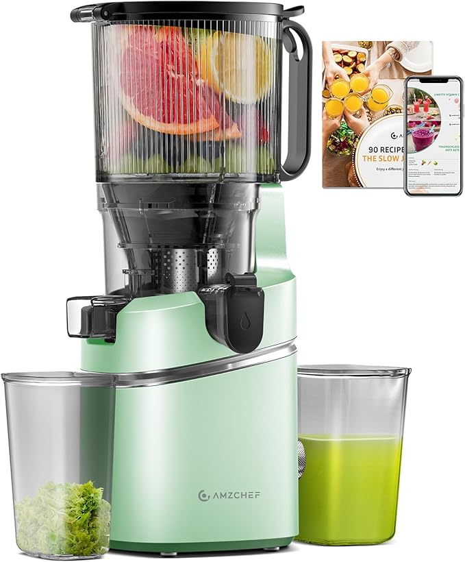 AMZCHEF Juicer Machines, 5.8" Extra Self-Feeding Cold Press Juicer for Whole Vegetable & Fruit, Juice Extractor Machine with Large Auger & Triple Strainers, Easy to Clean, High Juice Yield