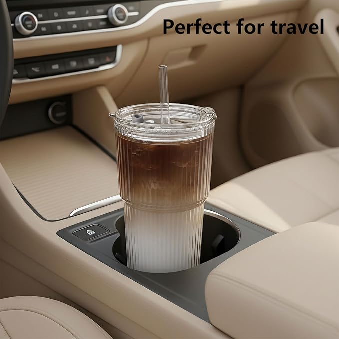 Ruckae 20oz Reusable Ribbed Glass Tumbler Set – 2 Pack Leakproof Glass Cups with Bamboo Lids,Thickened Glass– Aesthetic Iced Coffee Glasses for Home, Office, Travel, and Gifts (4, Transparent)