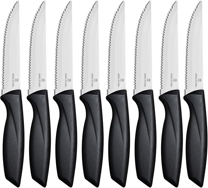 Steak Knives,Steak Knives Set of 8,Sharp Serrated Stainless Steel Steak Knife Set,High-Carbon Steak Knife,Black Handle Steak Knifes,Ergonomic Kitchen Knives Set for Precise Cutting