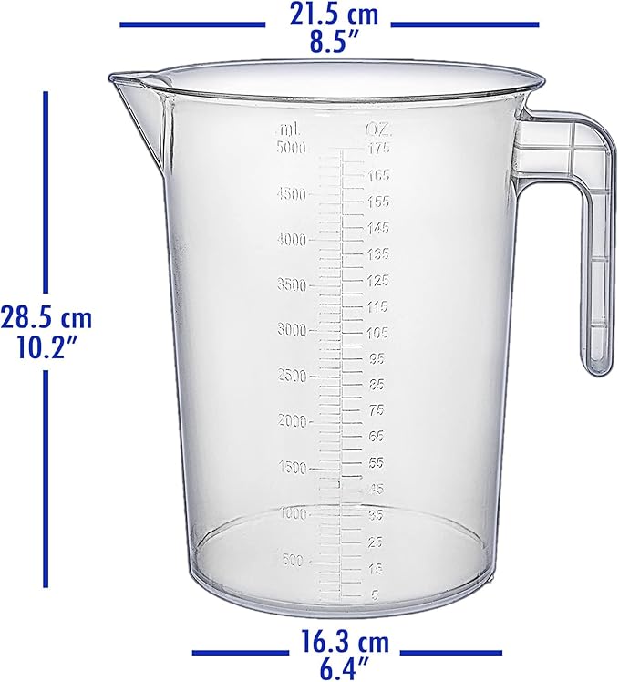 5 Liter Measuring Pitcher | 1.3 Gallon Shatterproof Plastic Large Graduated Mixing Pitchers, 1 to 2 Gallons (5L, 5000ml)