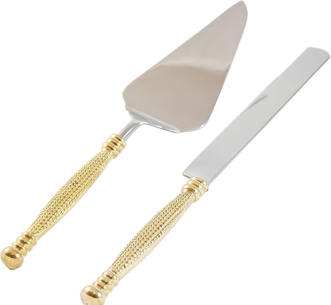 Server Set, Cake, Pie, Desert Flatware Set, String of Beads Design, 2-piece 18/10 Stainless steel with brass handles (light antique gold finish)…