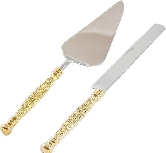Server Set, Cake, Pie, Desert Flatware Set, String of Beads Design, 2-piece 18/10 Stainless steel with brass handles (light antique gold finish)…