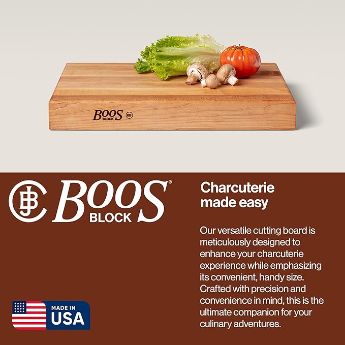 John Boos RA-Board Series Rectangular Wooden Maple Cutting Board 18”x12” – 2.25” Thick, 13-lb Reversible Butcher Block with Edge-Grain & Finger Grips – Made in the USA
