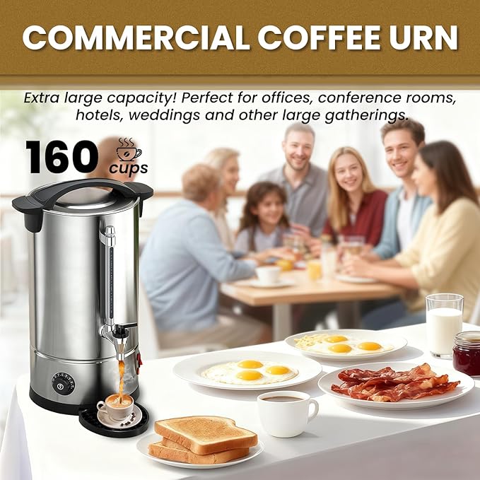 rcqeuiol Commercial Coffee Urns, 160 Cups/25L Coffee Maker with Keep-Warm Function, Hot Beverage Dispenser, Electric Hot Water Urn Stainless Steel, for Events, Offices, Parties, Catering (160 Cup)