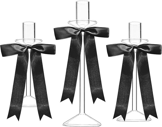 CHILL RECIPE Bow Candle Holder Glass Taper Candlestick Holders with Built-in Candle Drip Protectors Bows Decor for Table Centerpiece Wedding Party Halloween(Black)