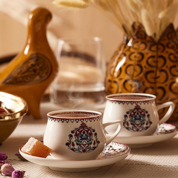 KARACA Nakkas Turkish Coffee Cup Set of 6, (12 Piece) White Cups with Saucers - 3.3 fl oz Small Porcelain Espresso Set - Ideal for Serving Greek, Arabic Coffee